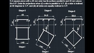Projections of Planes - Square 40 parallel to HP. a. parallel to VP b. 30 to VP c. equally inclined