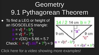 Geometry 9.1 Pythagorean Theorem in Isosceles Triangles