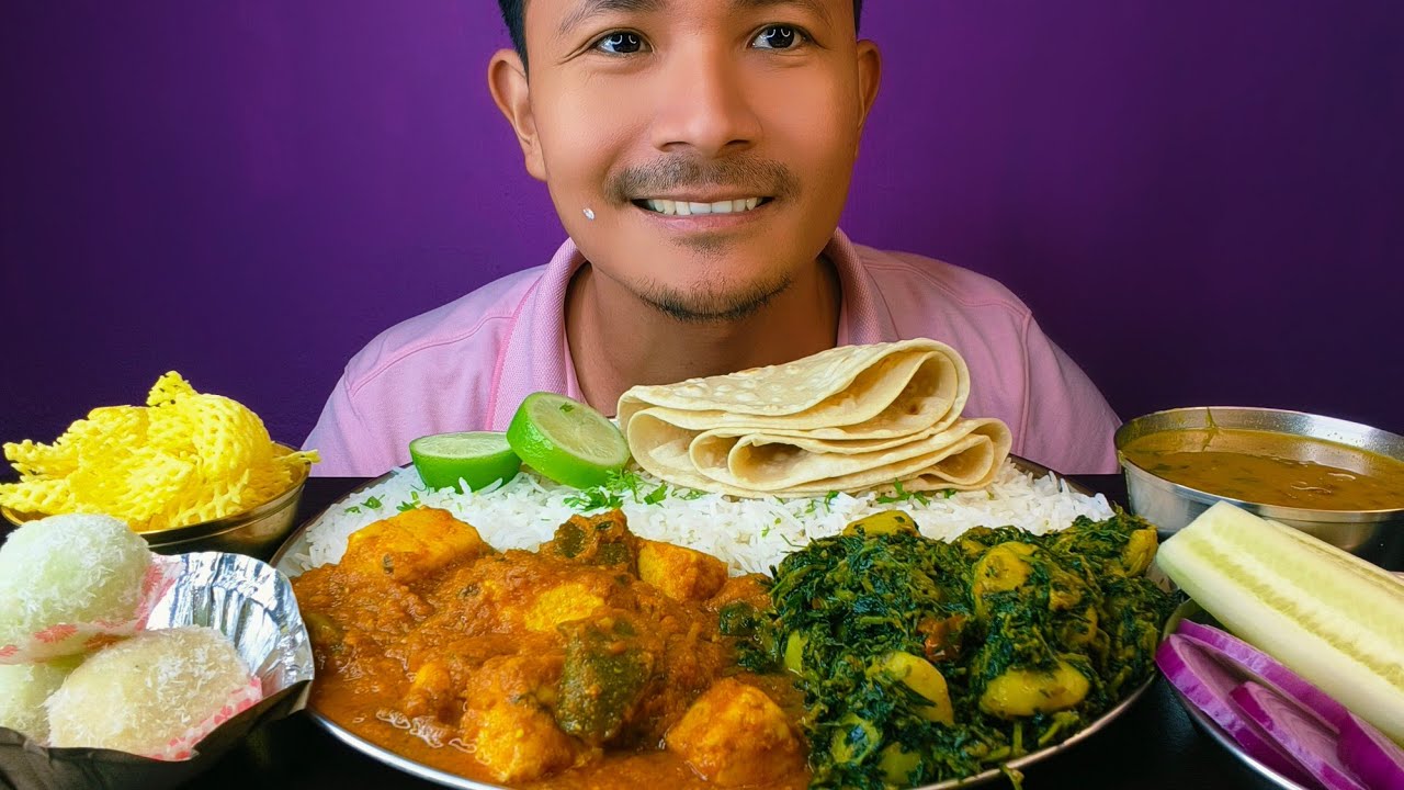 Eating Kadhai Paneer with Basmati rice | Methi Aloo ki Sabji | Roti | Toor Dal curry | Nariyal Laddu