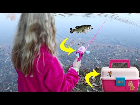 Girl Reels in Bass on Barbie Fishing Pole