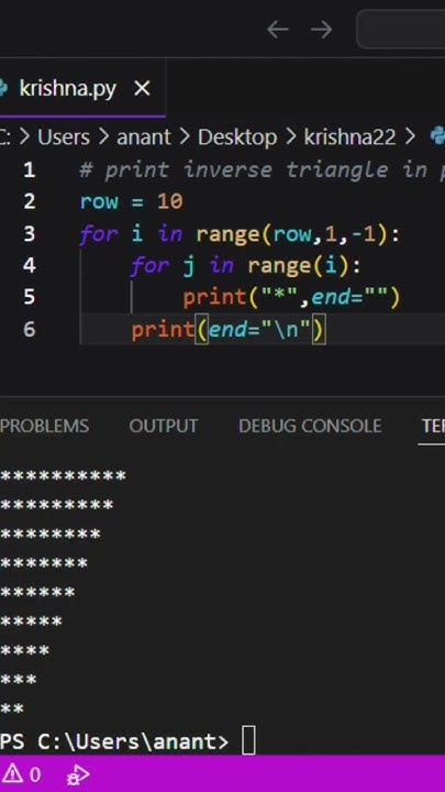 Print inverse triangle using for loop in python. #coding #python # ...