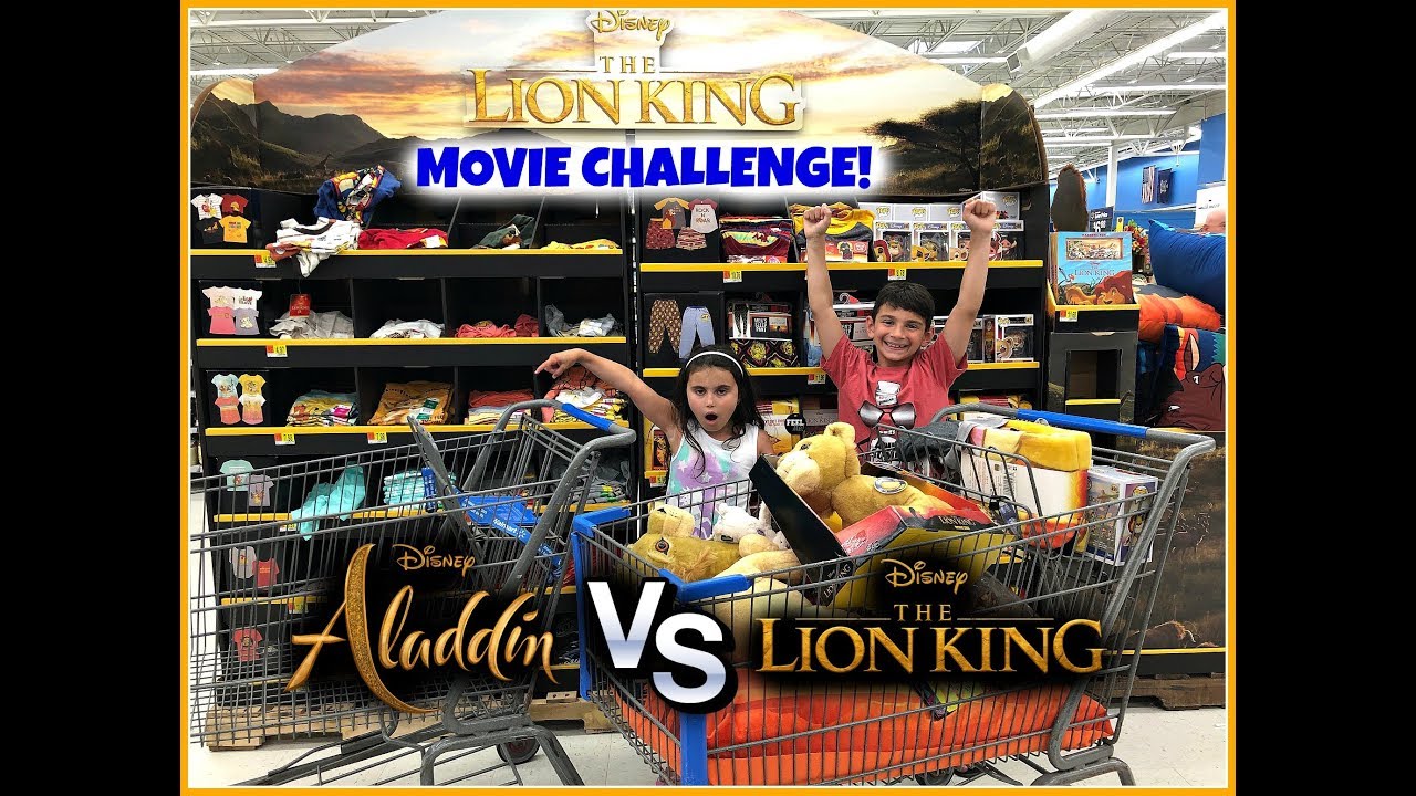 Movie Challenge! The Lion King VS. Aladdin! Sis vs Bro Movie Toy Hunt!