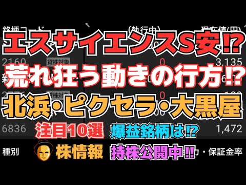 【株投資】『エス・サイエンス』荒れ狂う相場⁉S安に⁉,『ピクセラ』再び復活の上昇へ⁉、『大黒屋』上昇反転ならず⁉調整なのか⁉【掲示板トレーダー】