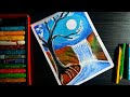 Oil pastel moonlight waterfall scenery drawing tutorial | oil pastel landscape drawing