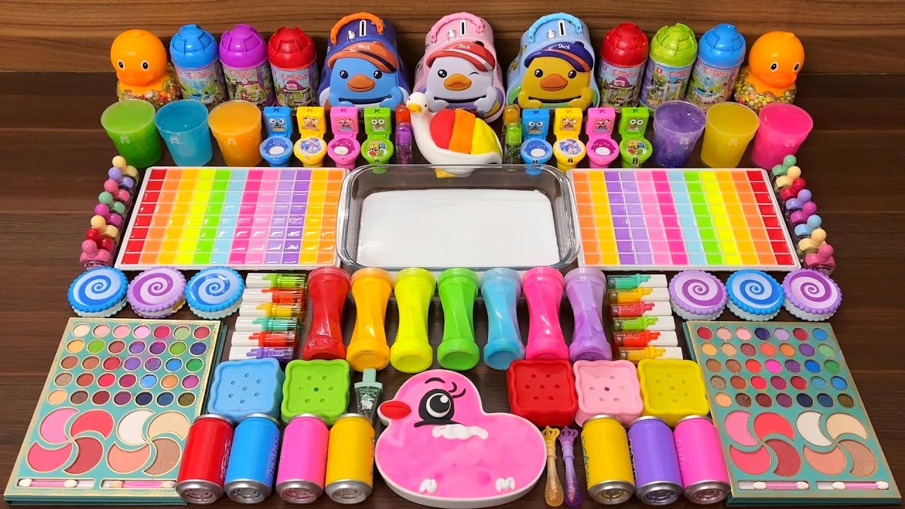 Slime Mixing Random Makeup into Glossy | Rainbow Duck ASMR Pop