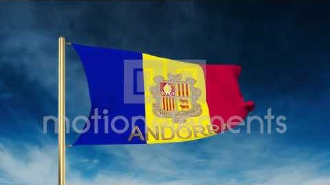 Andorra Flag Slider Style With Title. Waving In The Wind With Cloud Background A Stock Animation