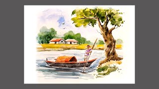 A Man with A Boat watercolor | Simple watercolor painting for beginners