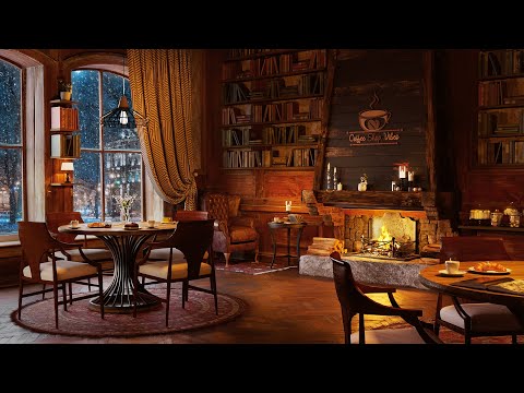 Winter Coffee Shop Bookstore Ambience with Relaxing Smooth Jazz Music and Crackling Fireplace