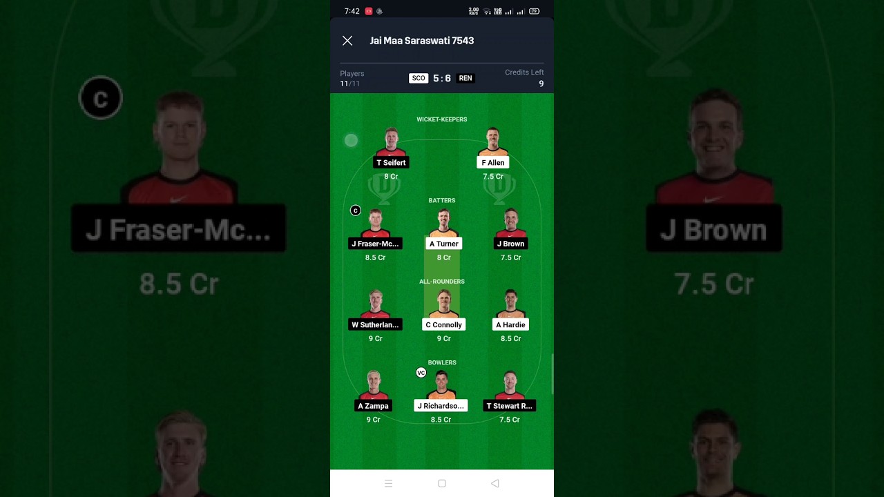 SCO vs REN Best dream 11 Team || sco vs ren best dream 11 team