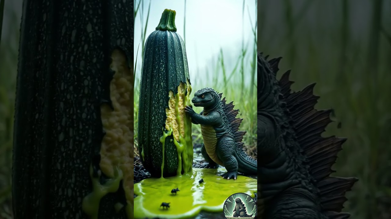 tiny Godzilla stands cautiously beside a split open  