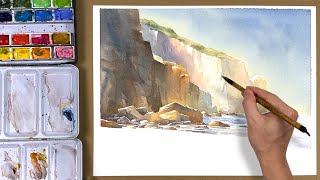 Watercolor Painting of Cliffs and Ocean