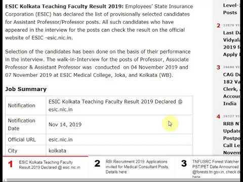 ESIC Kolkata Teaching Faculty Result 2019 Declared @ esic.nic.in