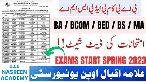 Aiou Datesheet Spring 2023 | BA BCOM BED BS MA EXAMS SPRING 2023 | AIOU PAPERS DATE SPRING 2023