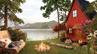 Cozy Forest Cabin by the Lake Ambience with Campfire, Birdsong and Relaxing Spring Sounds