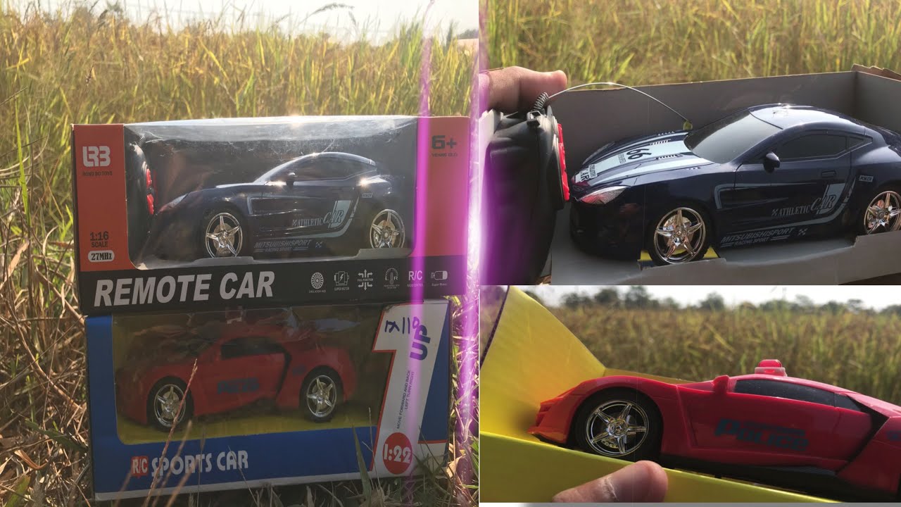 Toy cars showed off in the rice field. Models Car,  Sport Car are in the field, Raced Cars in field.