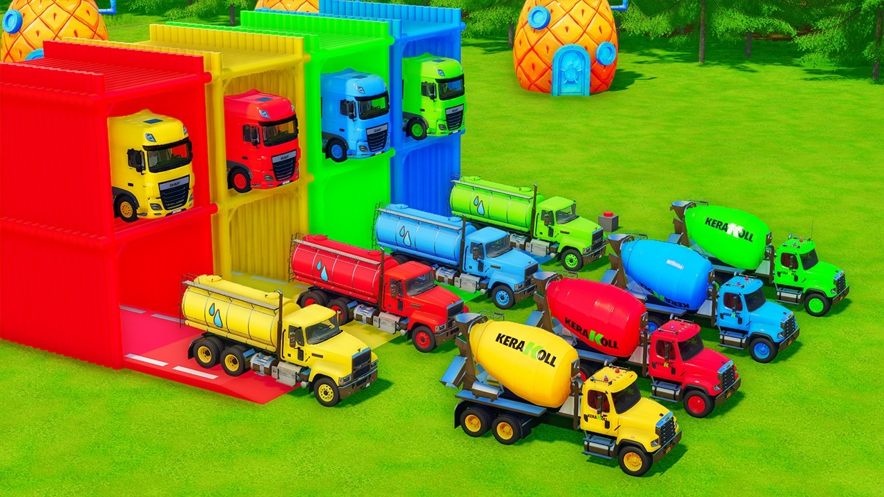 Garage with Colors - ALL MIXER TRUCK WITH DOUBLE FLATBED TRAILER TRUCK, MERCEDES, INTERNATIONAL, MAN
