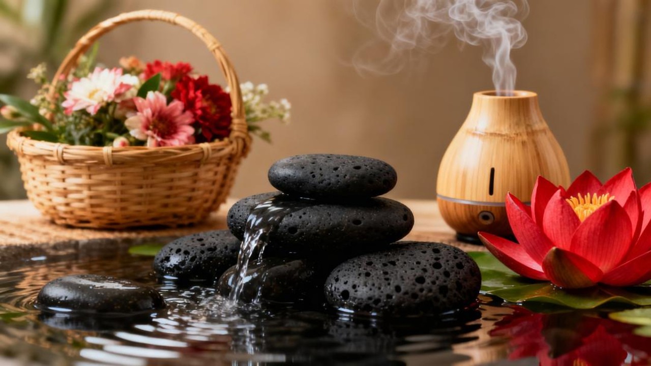 SPA RELAXATION MUSIC WITH FLOWING WATER AND GENTLE PIANO