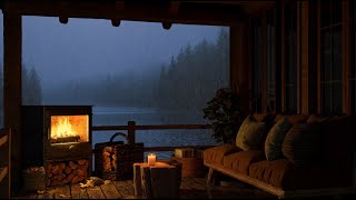 Reduce Stress with Smooth Jazz Music 🌧️ Gentle Rain & Warm Fireplace Sounds in Cozy Cabin Balcony