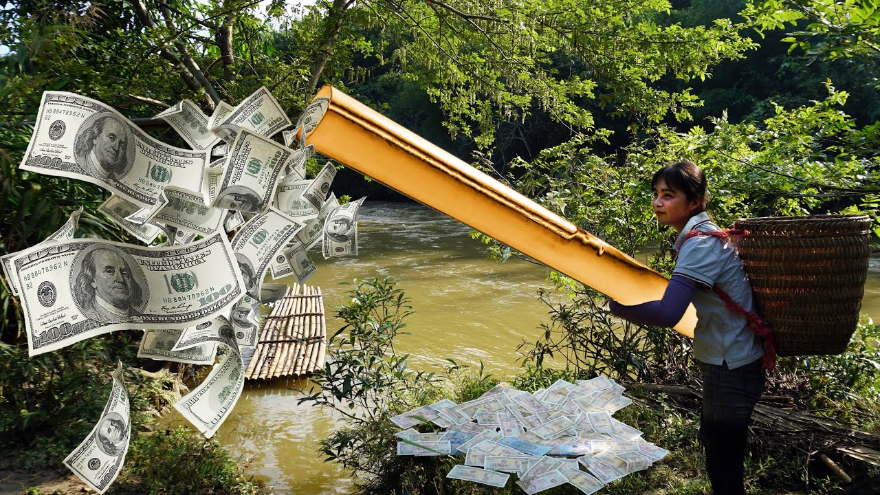 Collecting scrap. Poor girl Hana was lucky to discover a plastic tube containing a lot of money