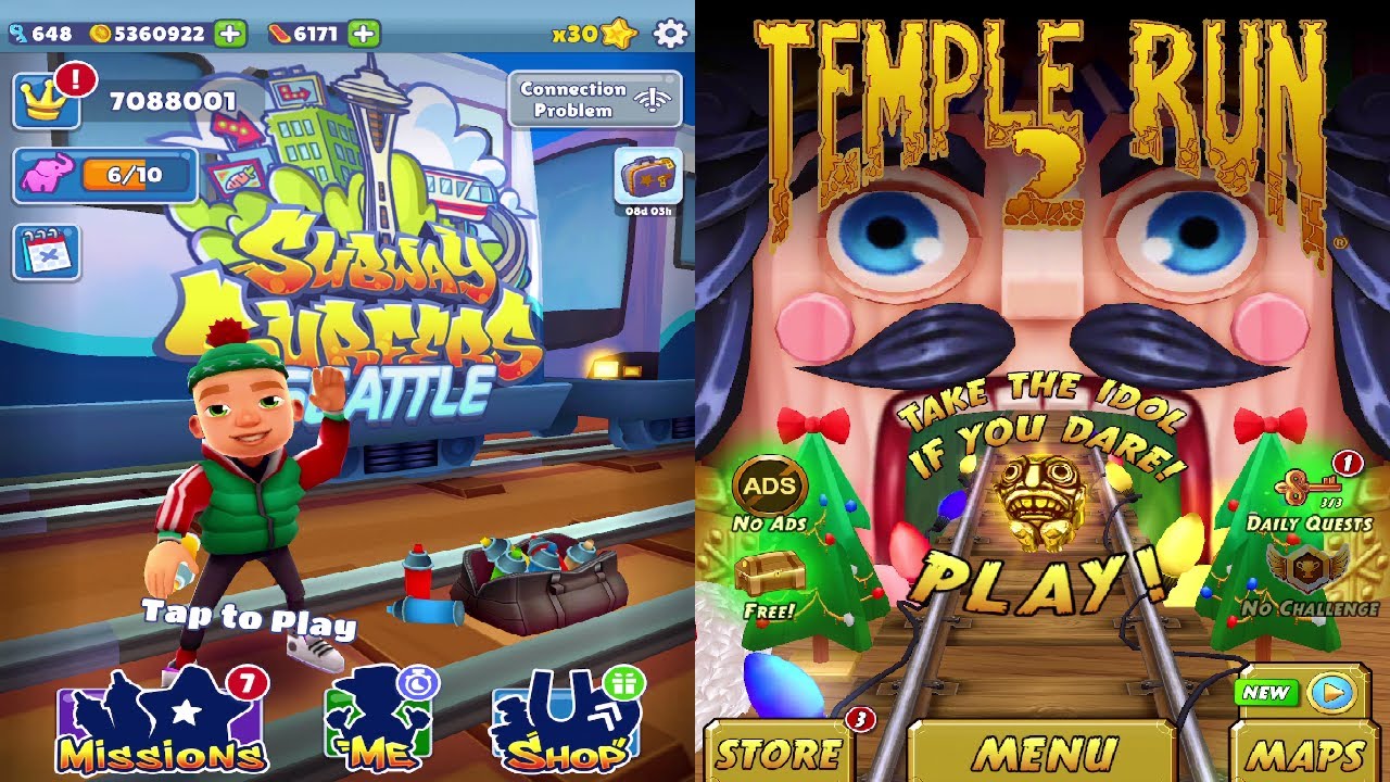 Subway Surfers: Seattle VS Temple Run 2 Magical Winter Toyland!  Walkthrough