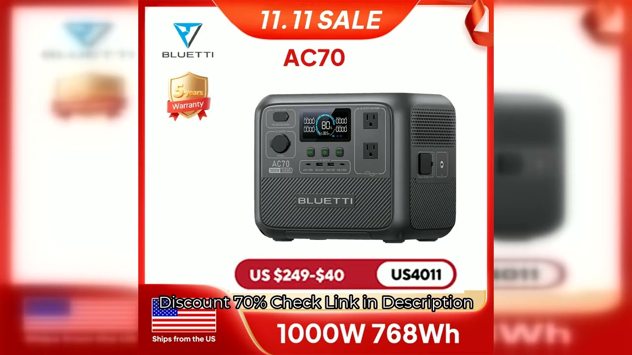 [US Plug] BLUETTI AC70 Portable Power Station | 1000W 768Wh, Solar Generator for Road Trip, Off-grid