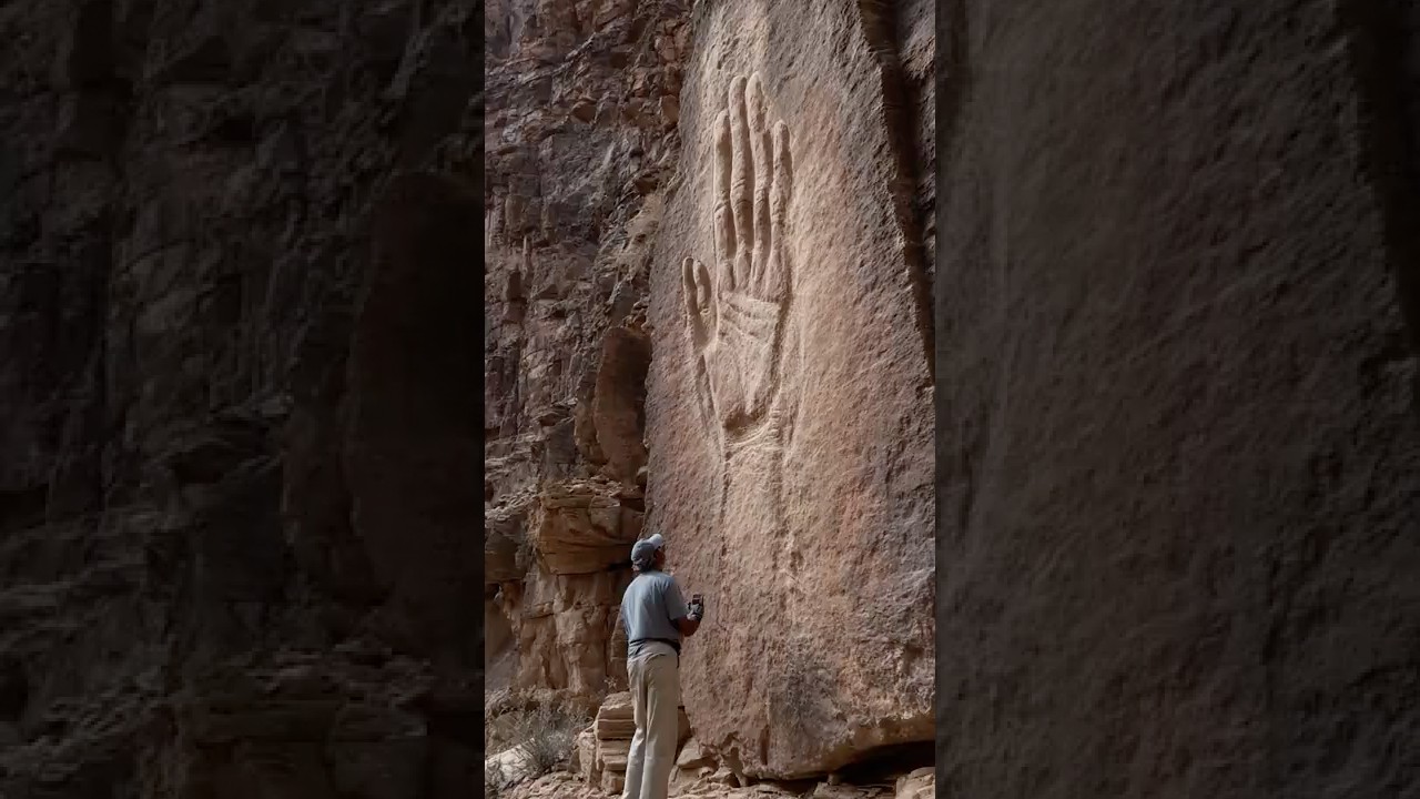 Гигантский отпечаток руки, найденный на высоте 80 футов над скалой