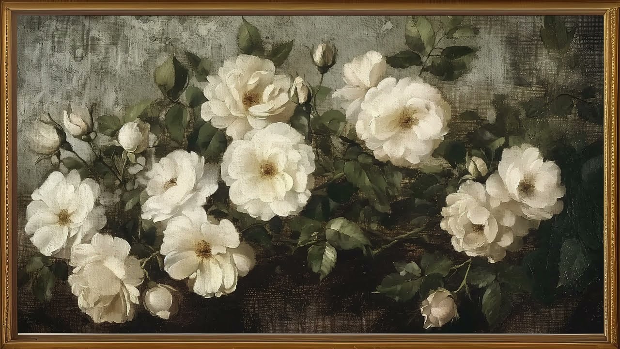 Vintage Art White Flowers Painting Frame Tv Art | 2 Hs | Gold Frame tv | TV Art Screensaver