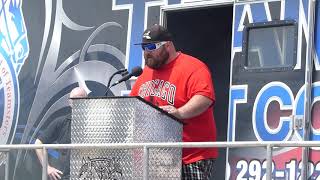 Teamsters Local 330 member Jared Weiser speaks at Teamsters Local 330 rally
