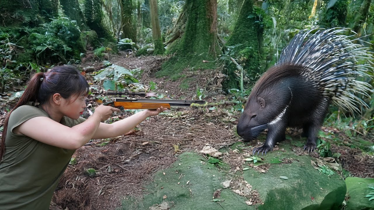 Suddenly found a porcupinein the forest immediately made a bamboo gun to hunt prey,linh tân Building