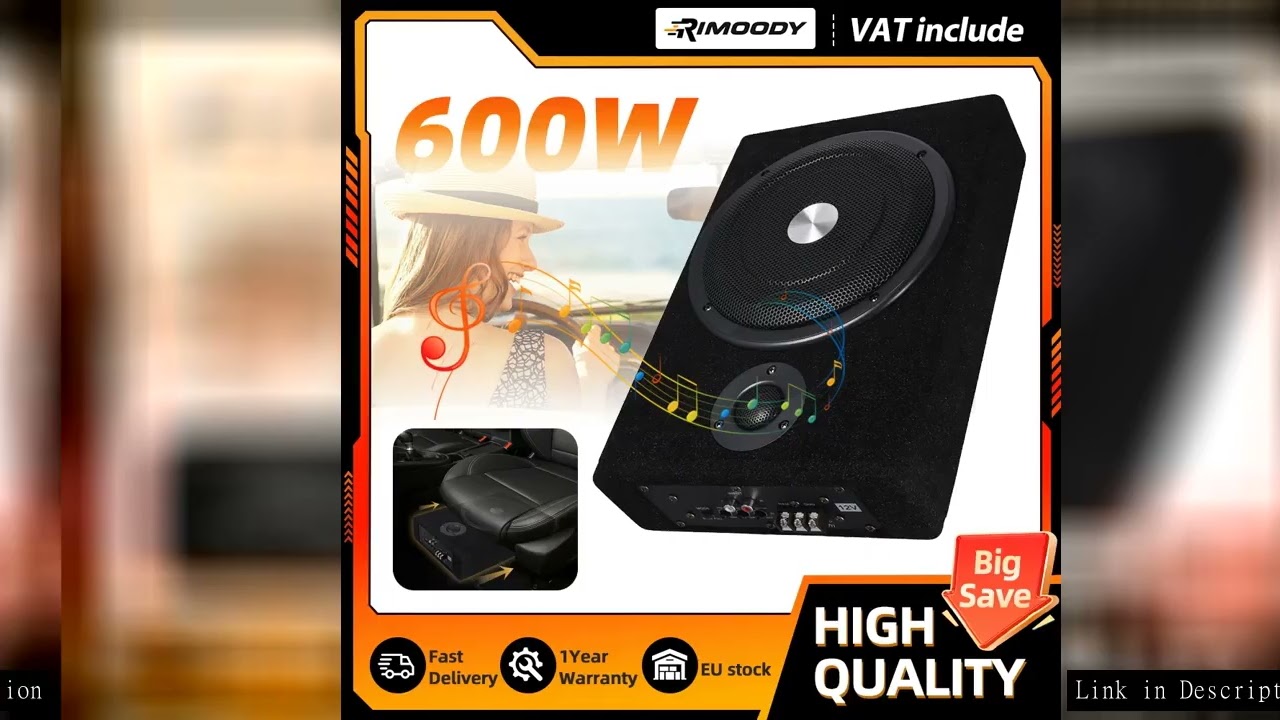 Rimoody 8 inch 600W Car Subwoofer Car Bass Audio Car Stereo Amplifier Speaker Slim Under-Seat Subwoo
