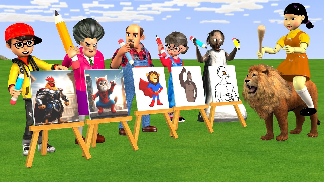 Scary Teacher 3D vs Squid Game Help Nick to Drawing Spider Cat and Superhero Animal Challenge