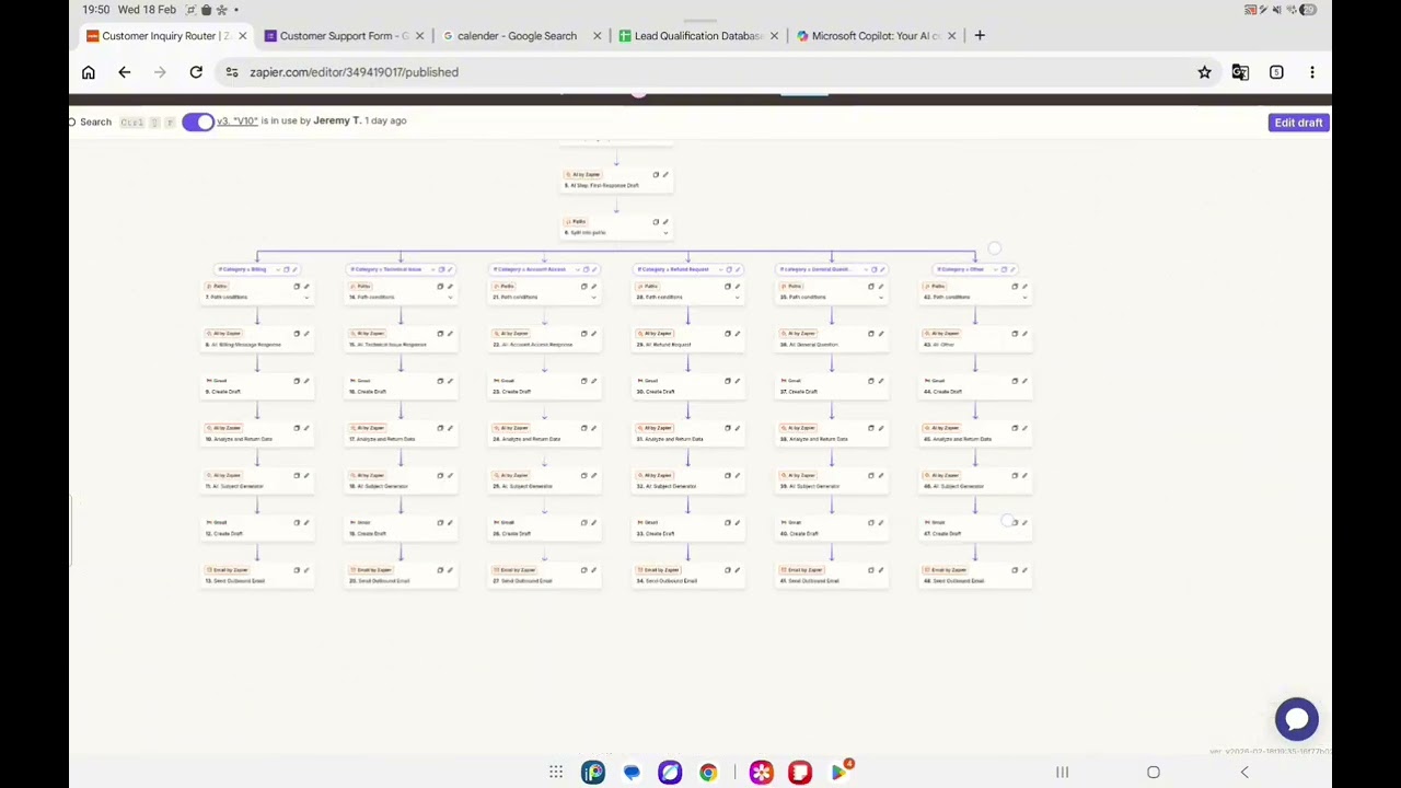 Zapier AI customer support workflow tutorial showing complex automation