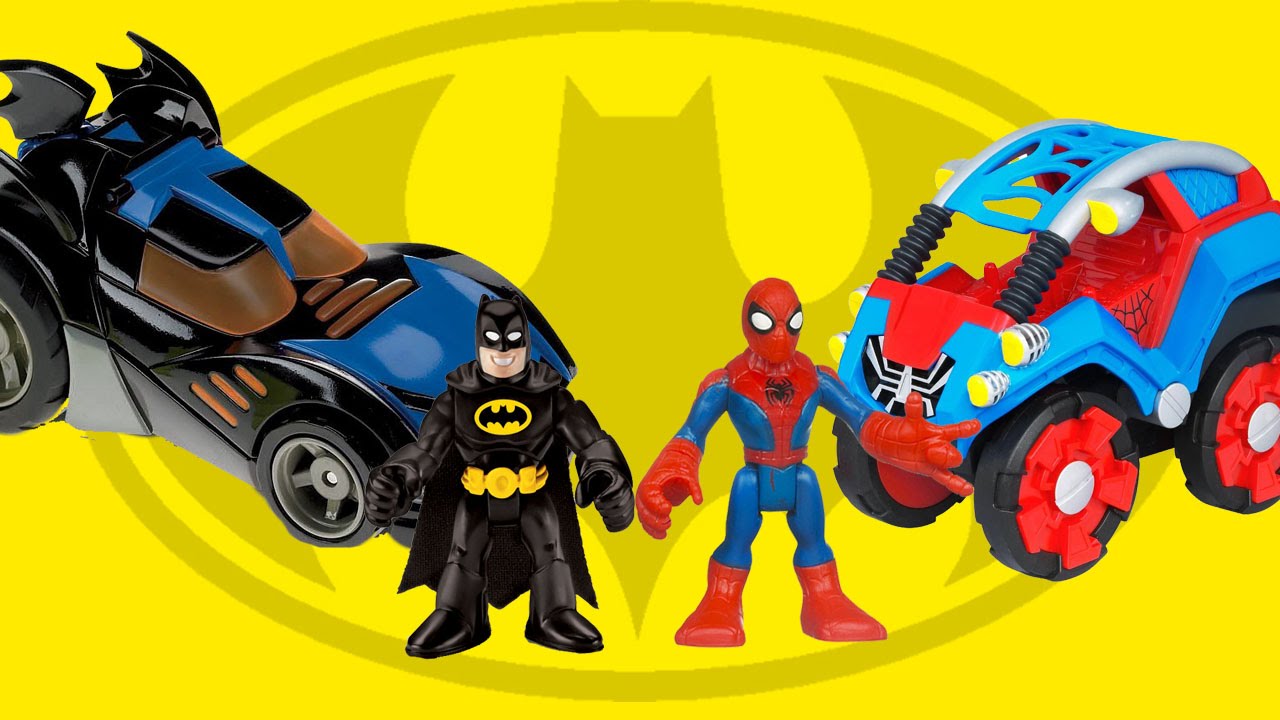 Batman Imaginext Batmobile Races VS Spiderman Buggy Playskool Toys spider man