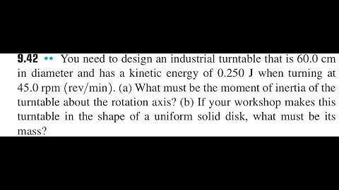 You need to design an industrial turntable that is 60.0 in diameter and has a kinetic energy of 0.25