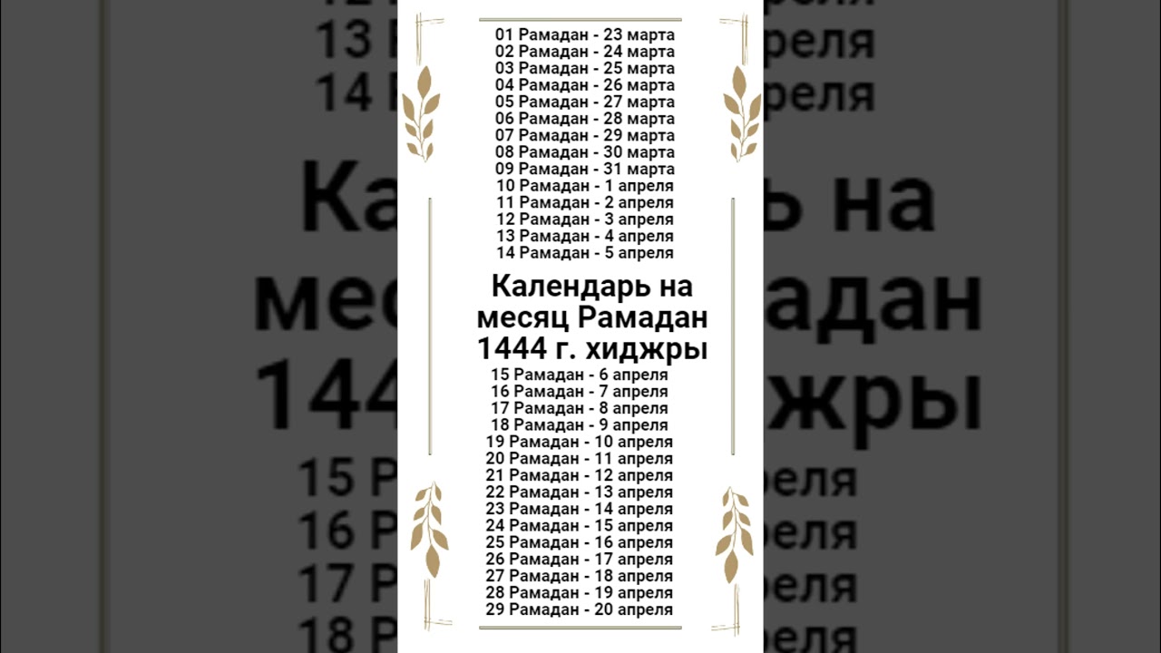 Календарь на месяц Рамадан 1444 года хиджры. (2023 г. март-апрель).