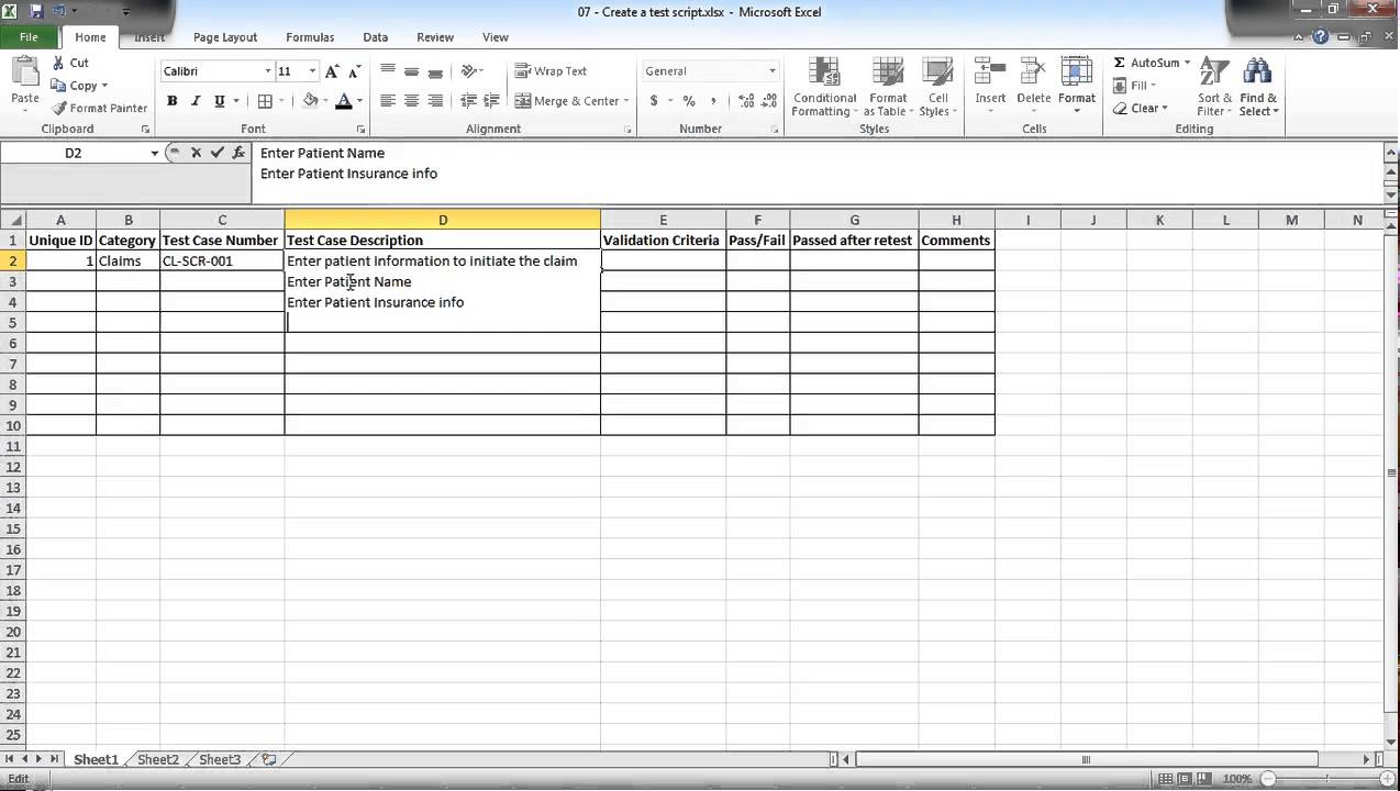 Software testing using excel - How to create a test script