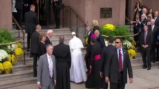 Pope Francis arrives at the Cathedral Basilica of Saints Peter and Paul