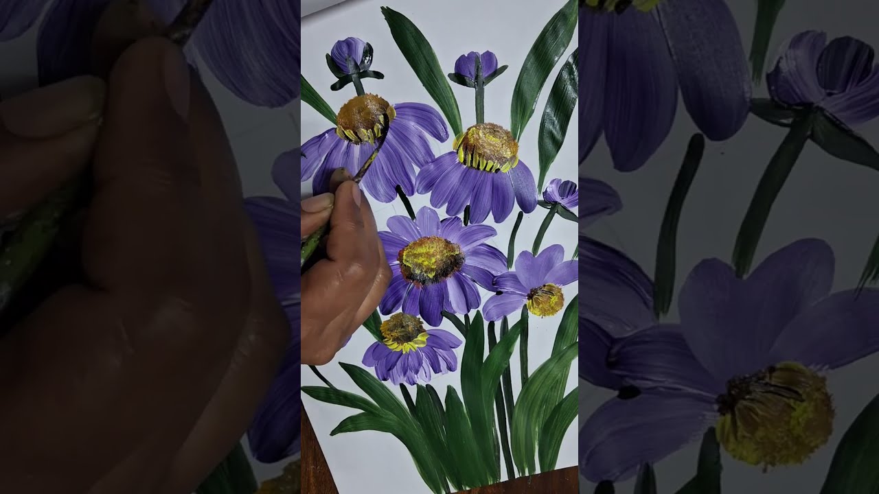 Purple Flowers Painting with Acrylic colours 