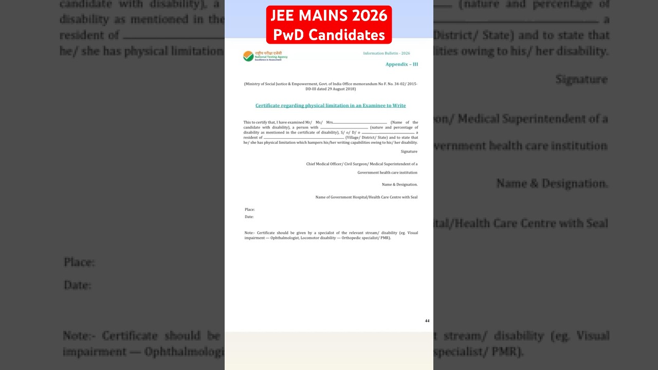 Jee Mains 2026 Certificate For Physical Limitations For PwD Candidates SVP Institute 