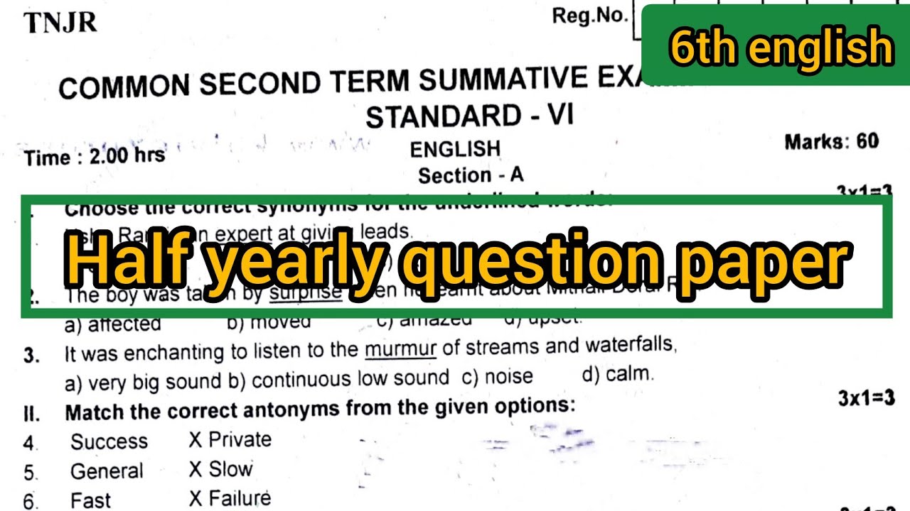 6th English half yearly exam question paper 2022 || common second term summative examination 2022
