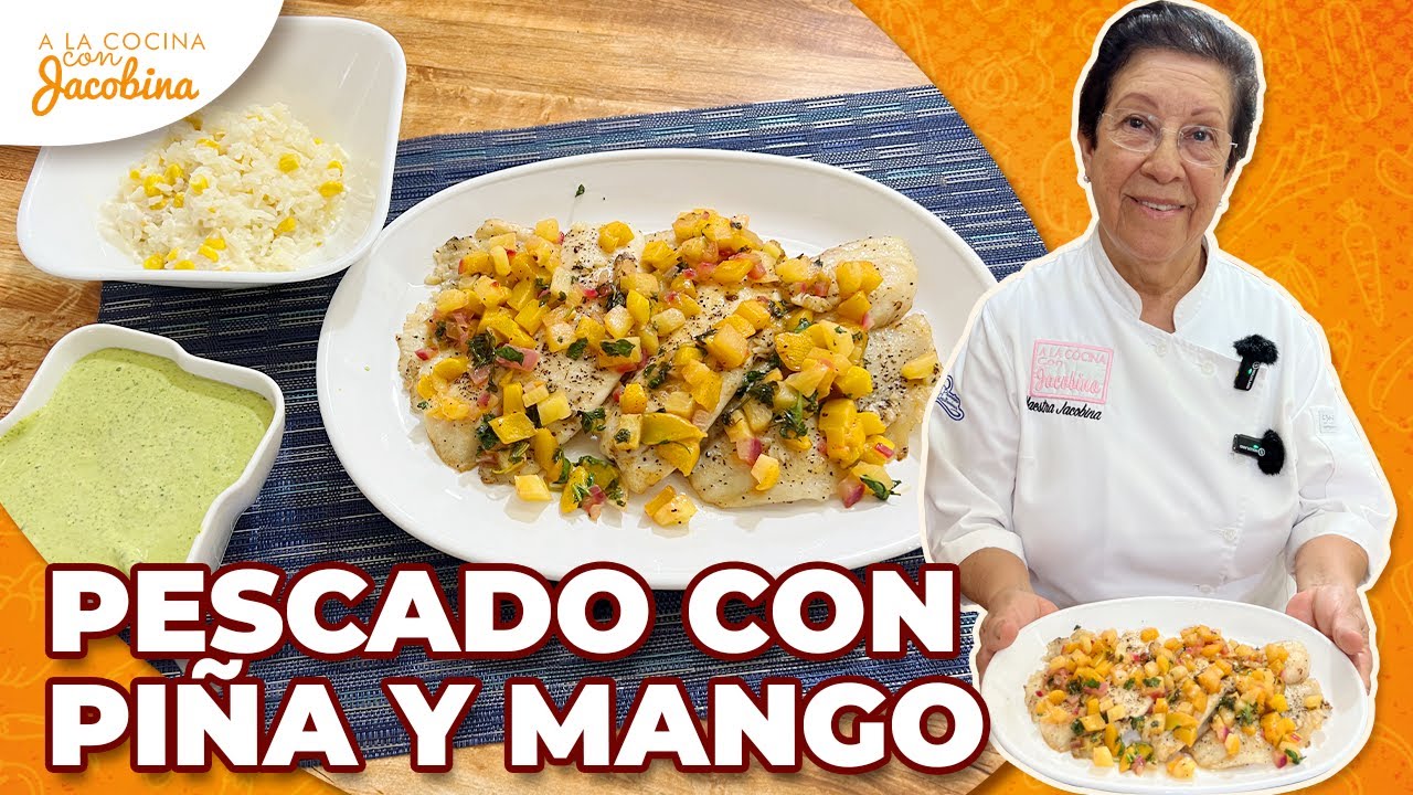 Pescado con piña y mango + arroz cremoso y aderezo de espinacas 🌴🐟✨