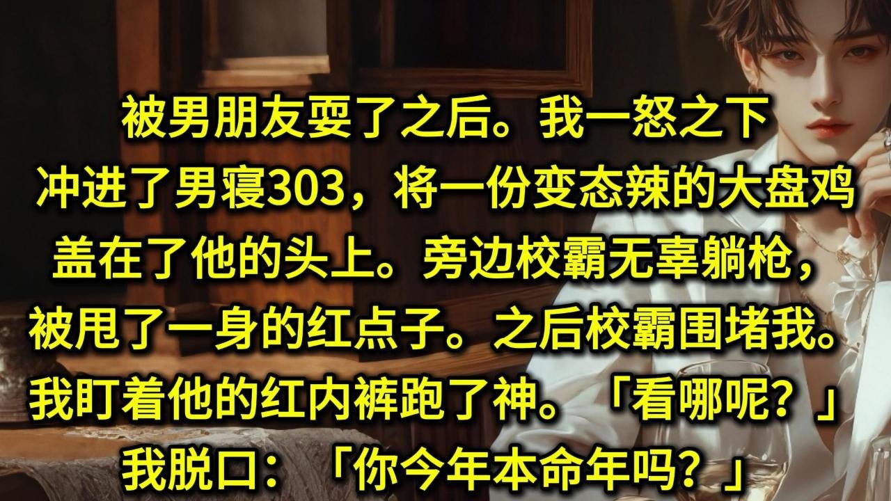 被男朋友耍了之后。我一怒之下冲进了男寝303，将一份变态辣的大盘鸡盖在了他的头上。旁边校霸无辜躺枪，被甩了一身的红点子。之后校霸围堵我。我盯着他的红内裤跑了神。「看哪呢？」我脱口：「你今年本命年吗？」