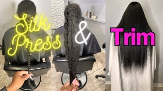 I Had to Get On My Knees To Trim Her Hair! Silk Press and Trim On Super Long Natural Hair.