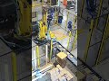 Box palletizing robot. This setup with two pallet build zones is very cost-effective.