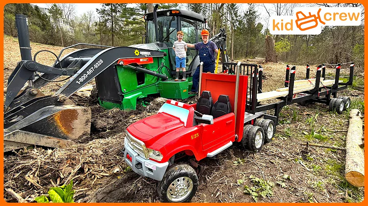 Excavating stuck backhoe with kids ride on semi truck and doing backhoe work. Educational | Kid Crew