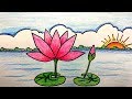 How to draw a water lily scenery step by step  easy water lily scenery