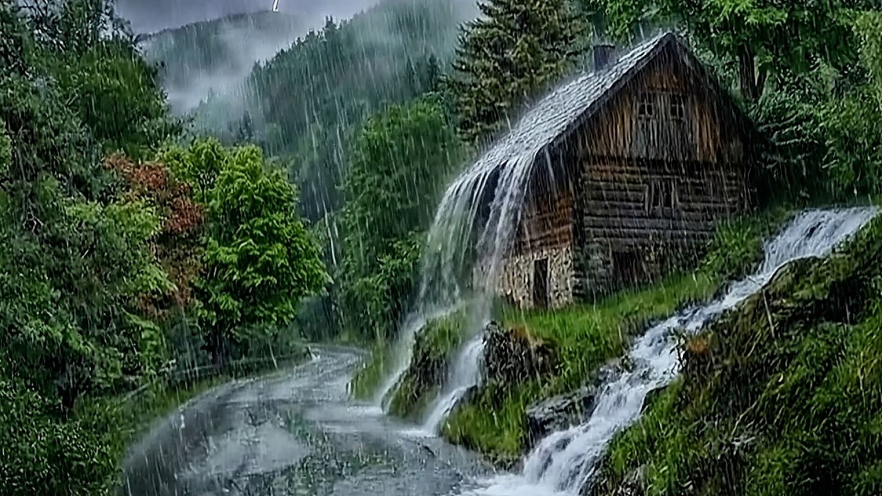 Heavy Rain ⚡Mountain Road Storm, Thunder & Cabin Waterfall | Sleep