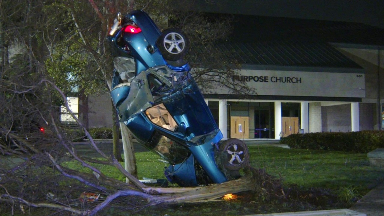 High-Speed Crash Lands Car Onto Tree in Pomona