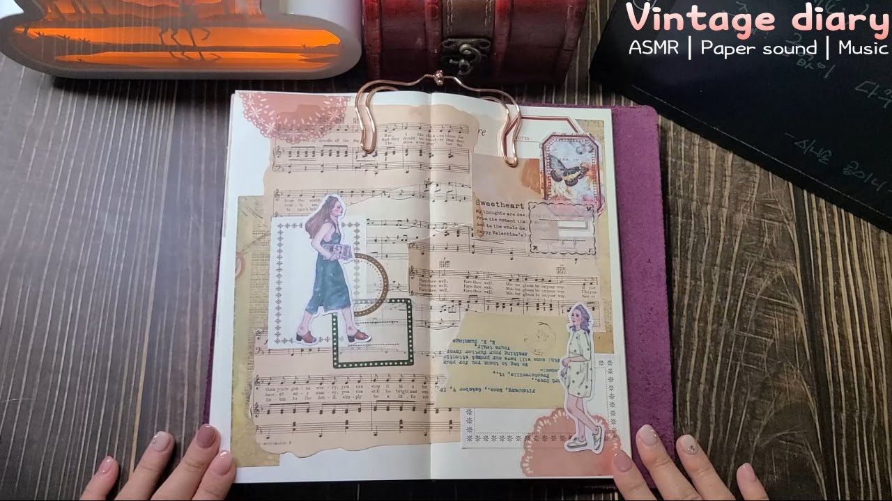 [Vintage diary_25] ASMR┃No writing┃ 데일리 악보 빈티지 다이어리 꾸미기 - YouTube