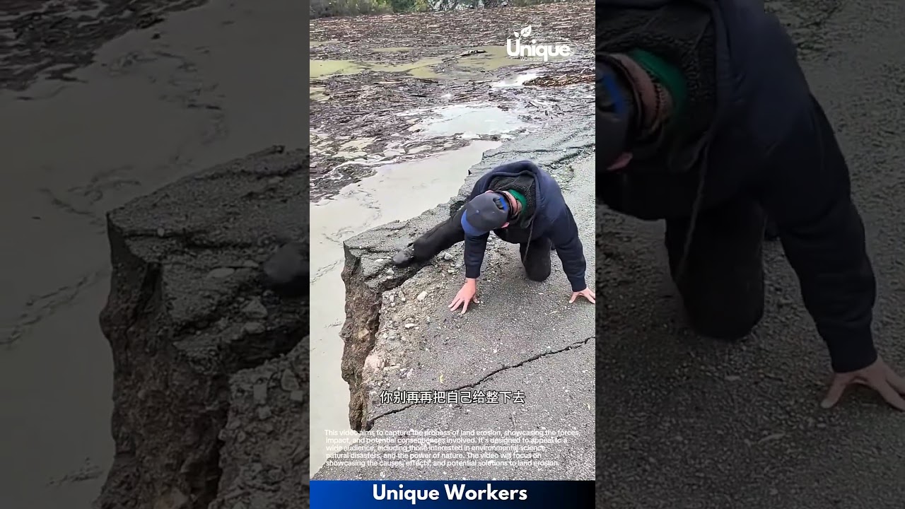 Man Trapped on Broken Road: Dangerous Flood Damage Creates Deep Crack